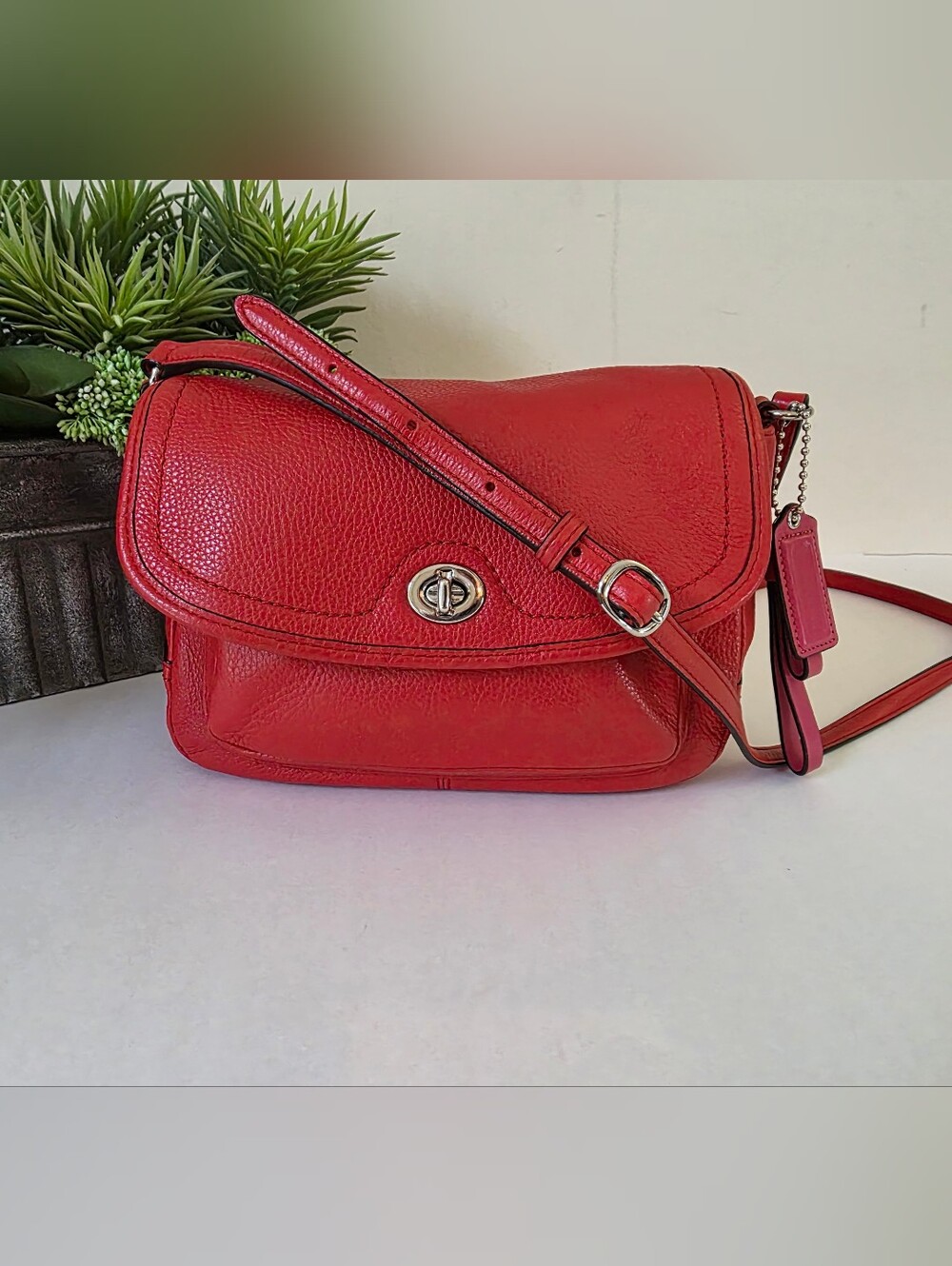 Coach Pebble Grain Leather Turnlock Crossbody Bag Poppy Red